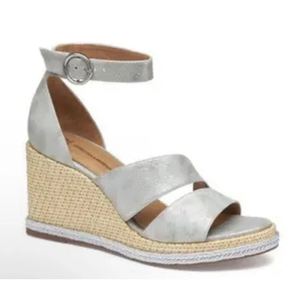 Johnston & Murphy 8 M Marcia Leather Espadrille Wedge Sandals Silver Metallic